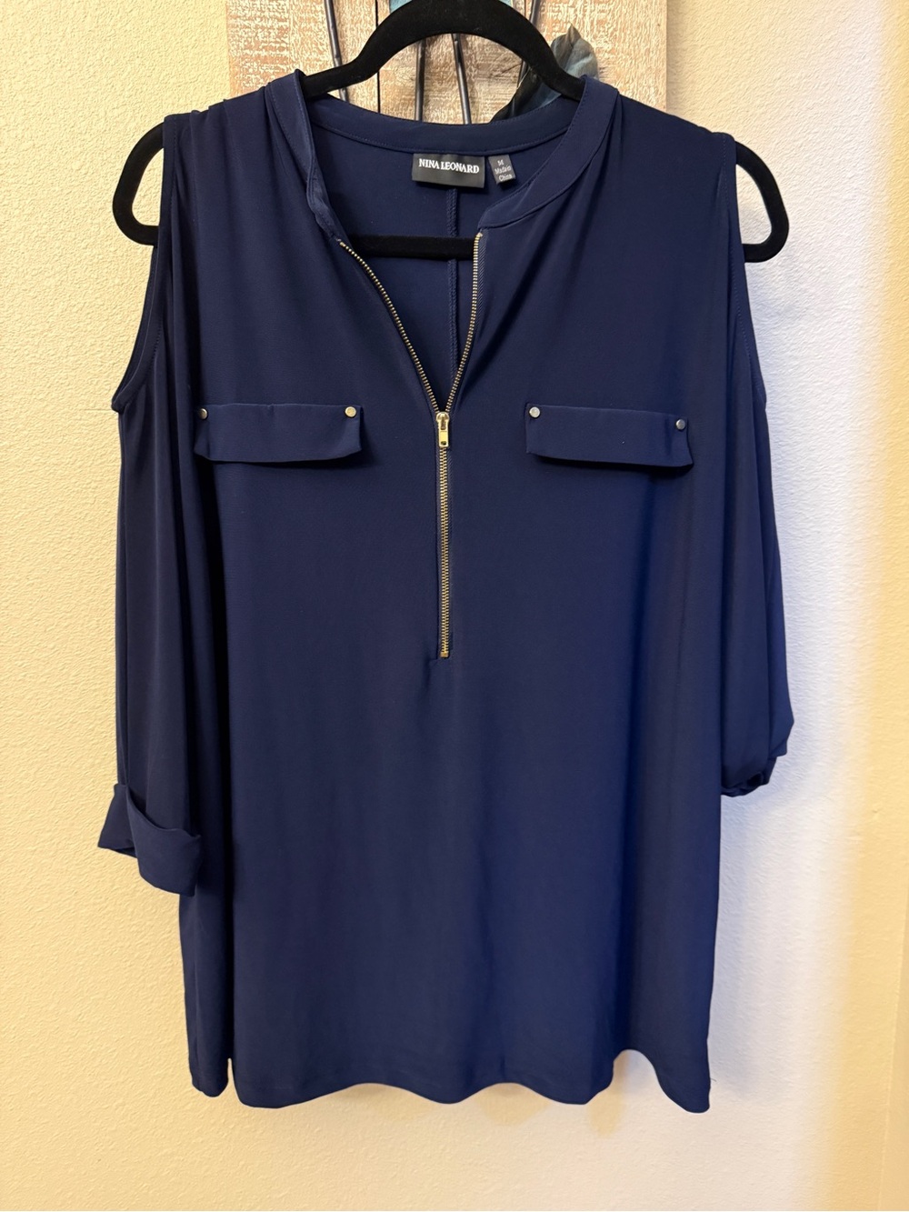 Nina Leonard Navy Zip Front Loose Fitting Utility Blouse Gold Hardware Womens M